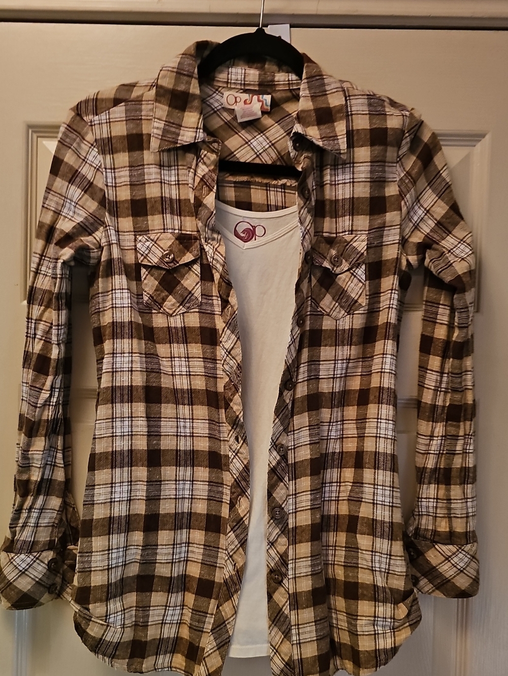 OP Brown and Cream Plaid Button-Down Girls Shirt Dress